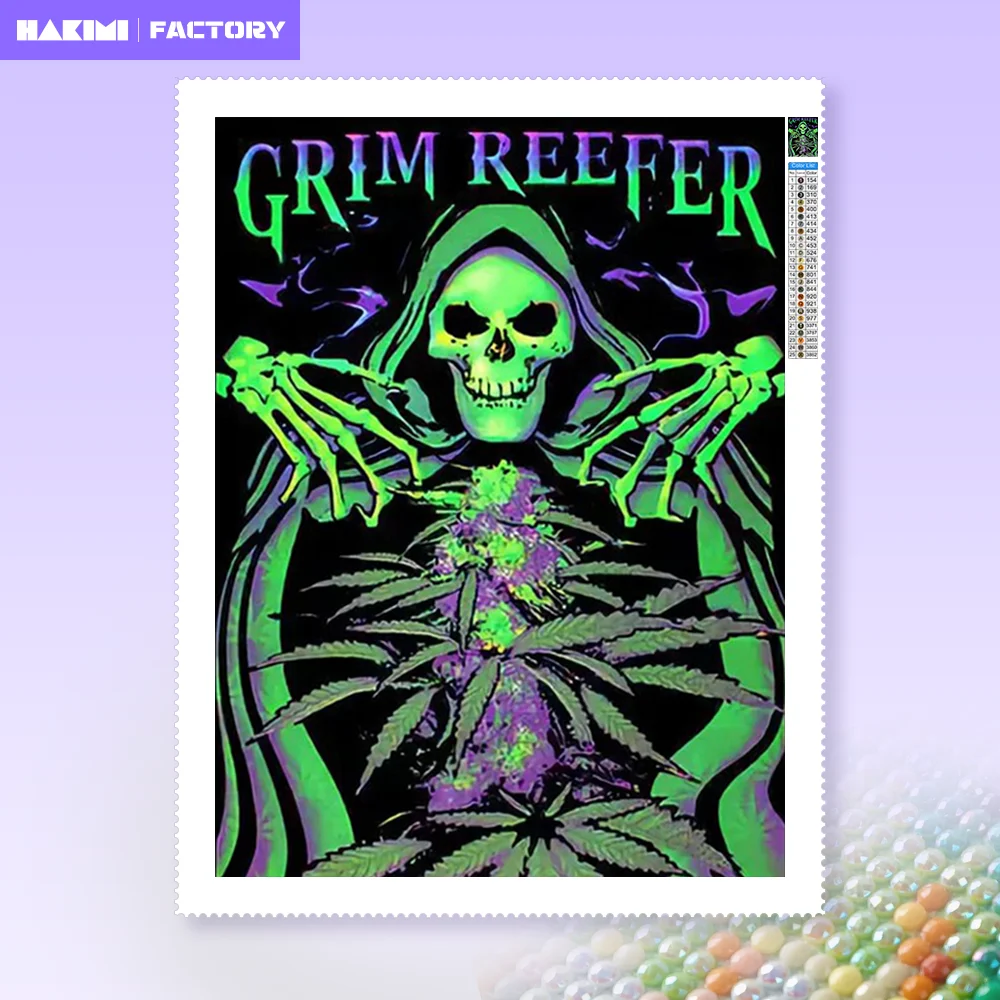 

HAKIMI AB Diamond Painting Grim Reefer Leaves Skull Terror Halloween Diamond Embroidery Full Set Diamond Mosaic Rhinestone Decor