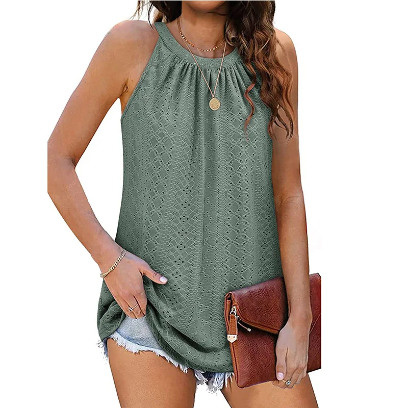 

Hollow Out Tank Top Women Sleeveless Tshirts 2023 Summer Female Clothing O Neck Casual Tees Beachwear Camisole Loose Solid Vest