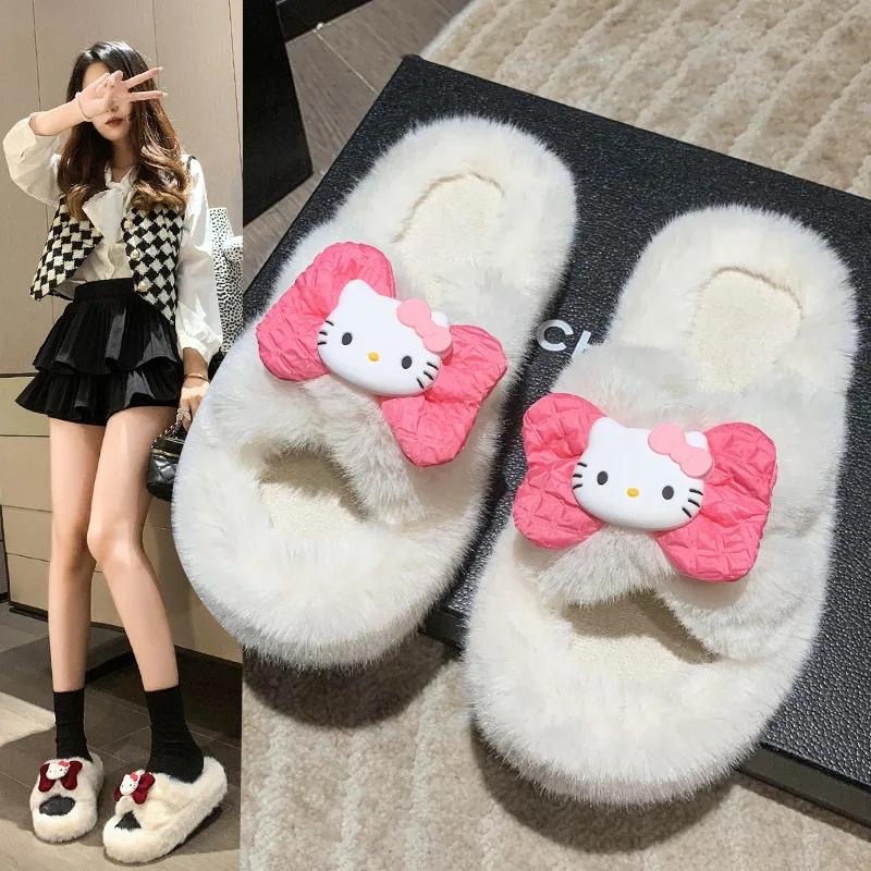 

Новинка Sanrios Kawaii Hello Kittys Мультяшные плюшевые утепленные тапочки Нескользящие теплые устойчивые к холоду домашняя мебель Рождественский подарок для пары