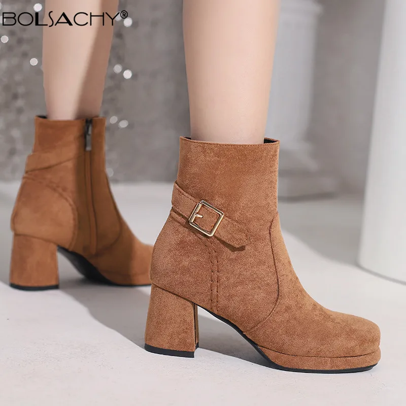 

2022 Spring Autumn Women Boots Ankle Winter Shoes Women Platform Square Heel Buckle Boots Women Zapatos de Mujer Brown Blue33-43