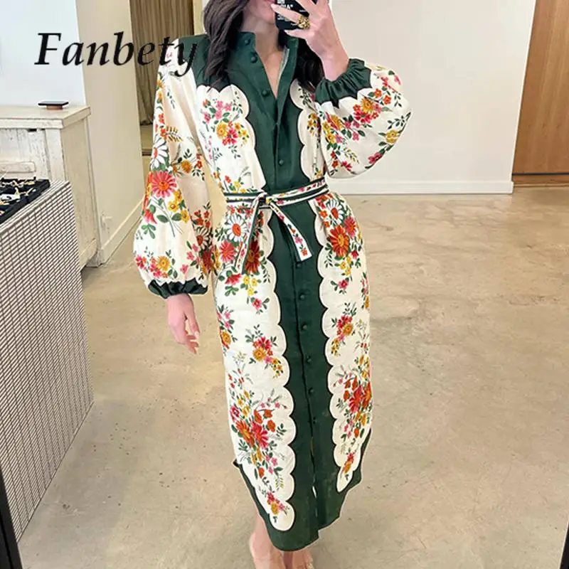 

Spring Casual Long Sleeve Single Breasted Shirt Dresses Vintage Print Lace-up Long Dress Elegant Women O Neck Bohe Party Dress