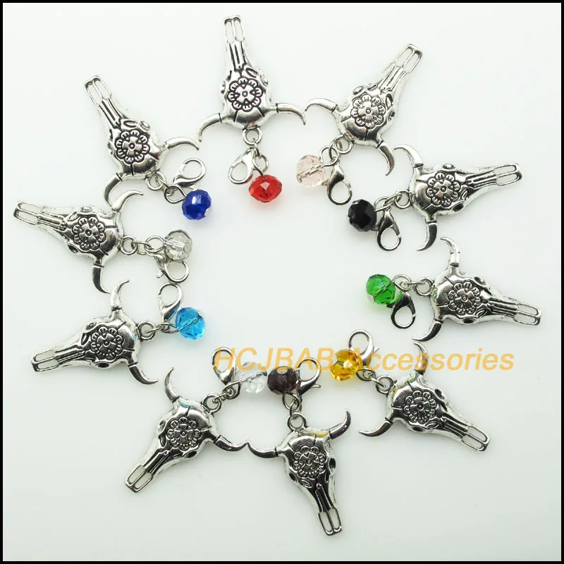 10 шт. Смешанные Круглые кристаллы античного серебра цвета Череп коровы Хэллоуин с застежкой Подвески 26x32 мм