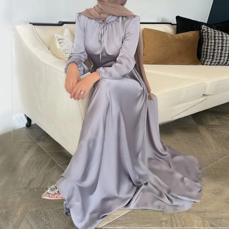 Soft Tunic Dress Elegant Satin Robes Dubai Autumn Vestidos Arabes Dubai Y Turcos Middle East Abaye for Women Caftan Marocain