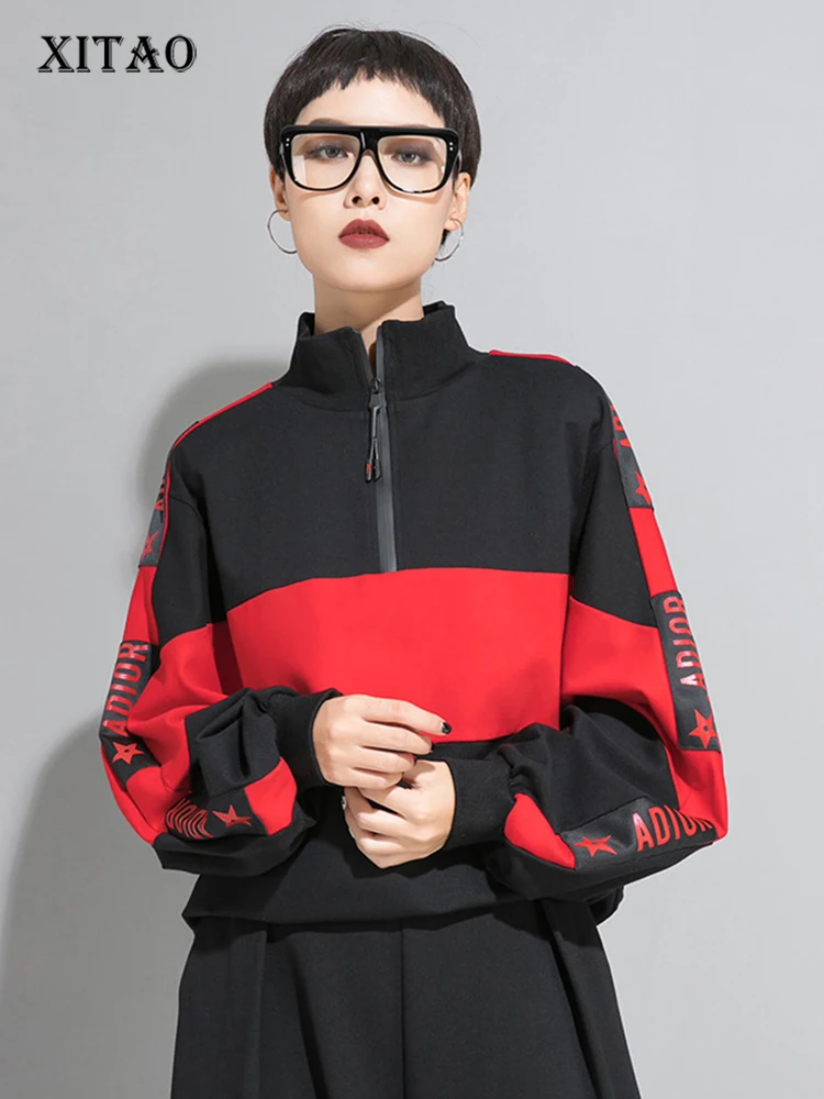 

XITAO Patchwork Casual T-Shirt Women Korea 2022 Autumn New Personality Fashion Loose Stand Collar Full Sleeve T-Shirt WLD8771