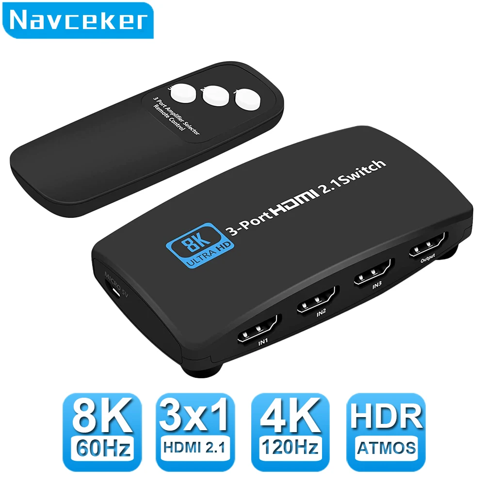 

Navceker HDMI 2.1 Switch 8K 60Hz 4K 120Hz 2 in 1 out 3 in 1 out HD Switcher Splitter for TV Xiaomi Xbox Series X PS5 Monitor