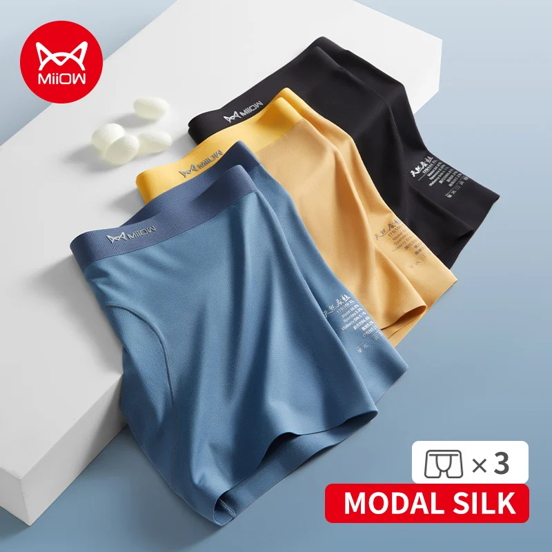 MiiOW 3Pcs Modal Nature Silk Men Underwear Boxer Smooth Soft Seamless Men's Panties Boxers Shorts Underpants MRCS2282