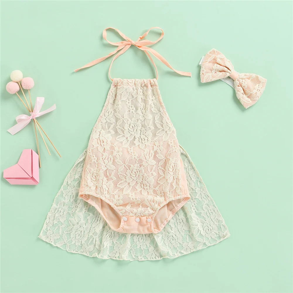 

Toddler Baby Girls Halter Tie-Up Romper Dress Floral Lace Sleeveless Bodysuit Headband Birthday Party Clothing 0-24 Months