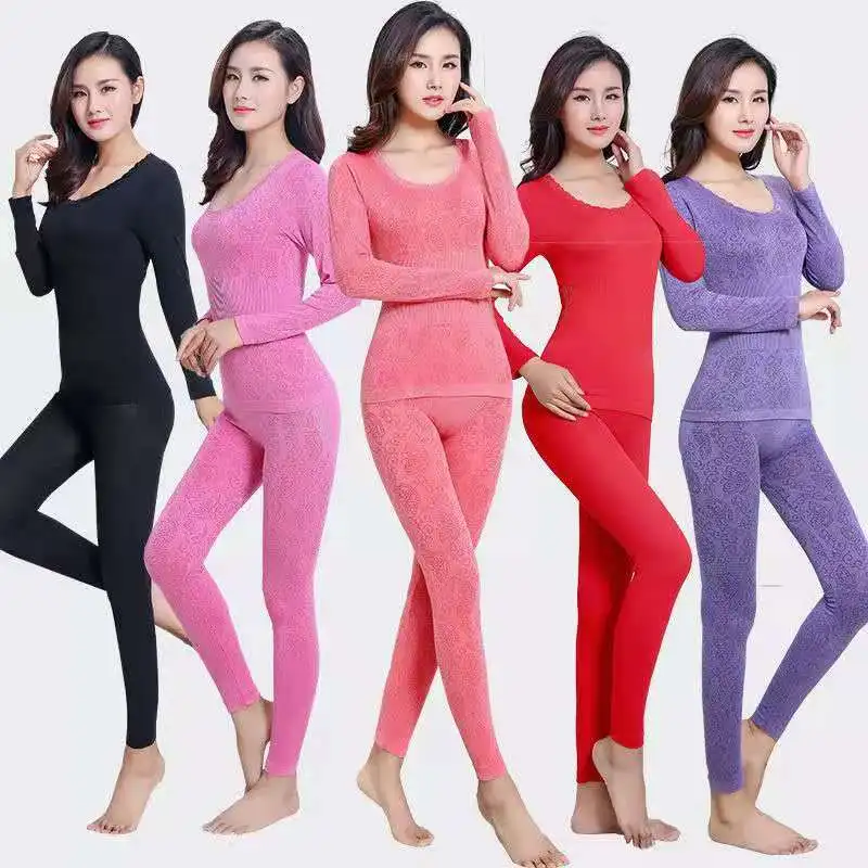 

Lace Thermal Underwear Sexy Ladies Clothes Winter Seamless Antibacterial Warm Intimates Print Long Johns Women Shaped Sets
