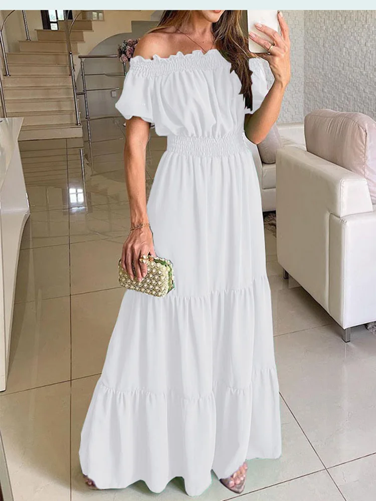 Summer White Boho Dress Fashion Elegant Beach Party Dress Casual Slash Neck Office Maxi Dresses For Women Robe Femme 2023 New