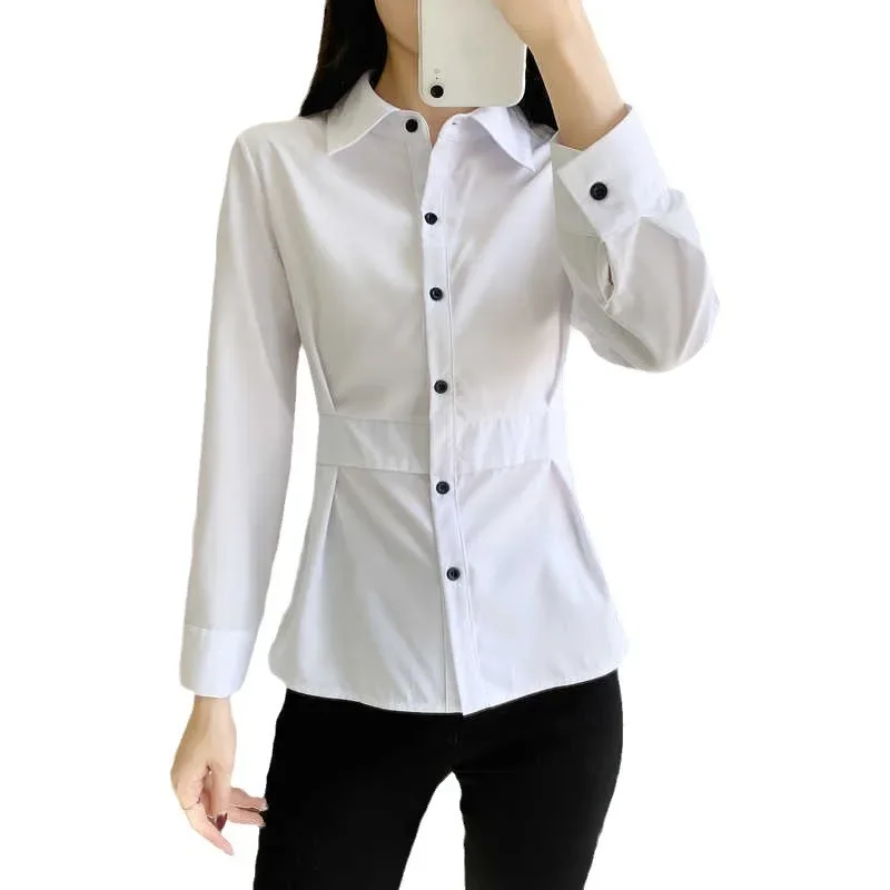 Новинка Весна 2024 Женская приталенная рубашка однотонная универсальный базовый