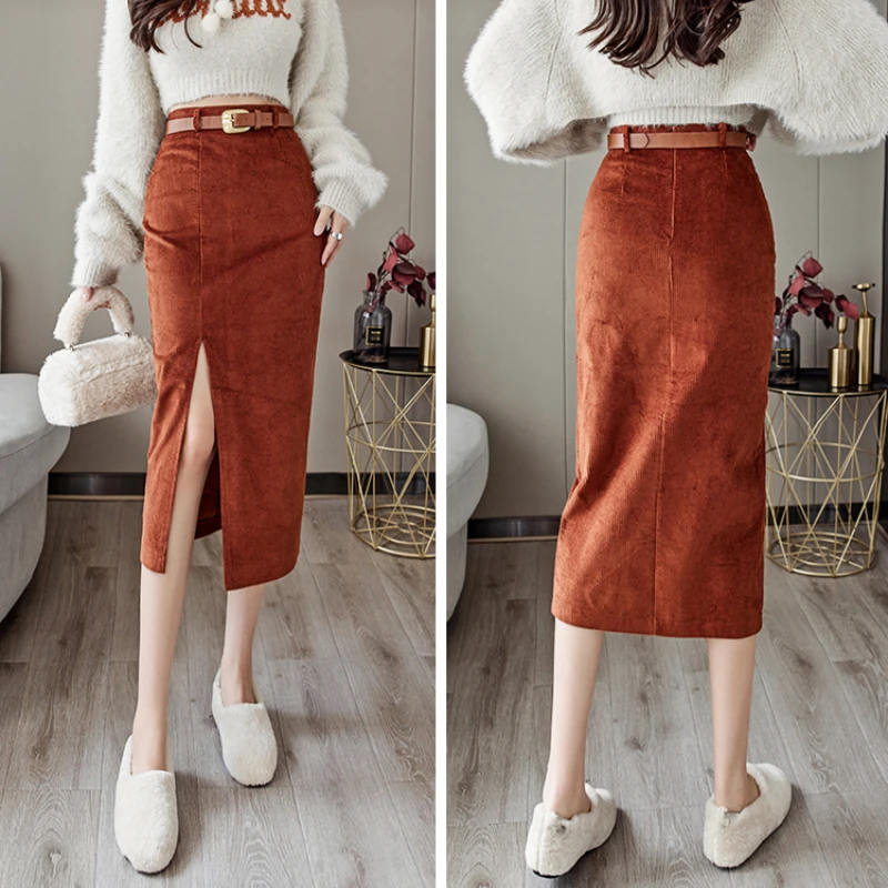 

New Fashion Sexy Split Woman Skirts Womens Medium-long corduroy Wrap Skirt Ladies Casual Female Girls Black Skirt Dropshipping