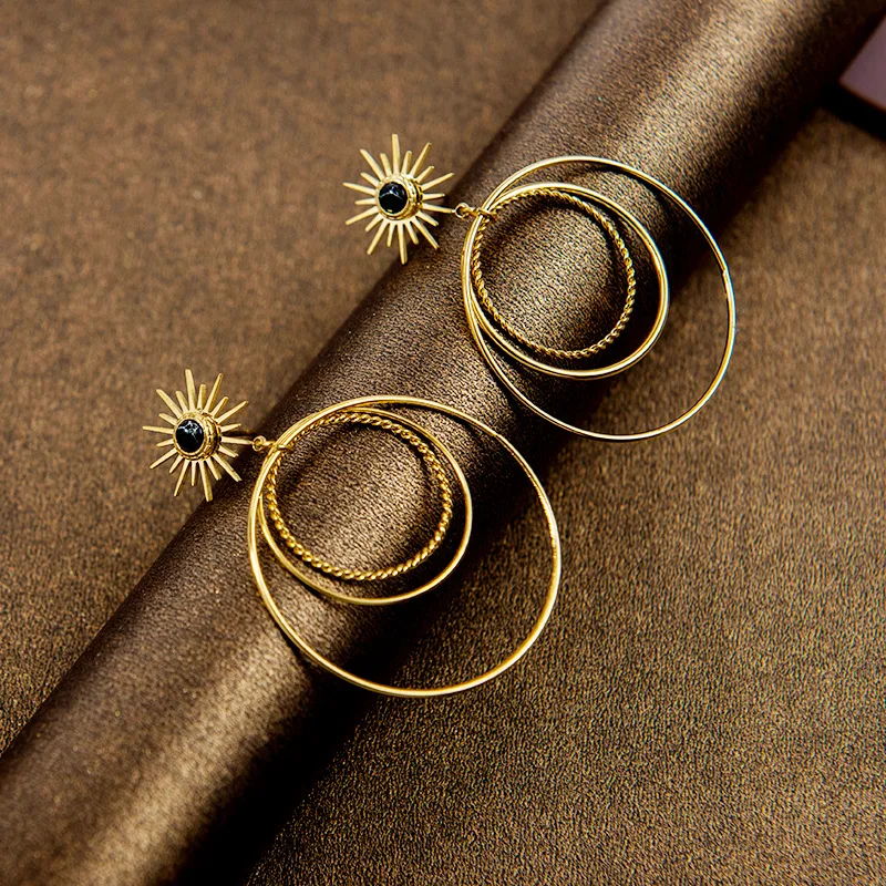 

European and American spring and summer new stainless steel multi-loop earrings female retro natural stone exaggerated earrings