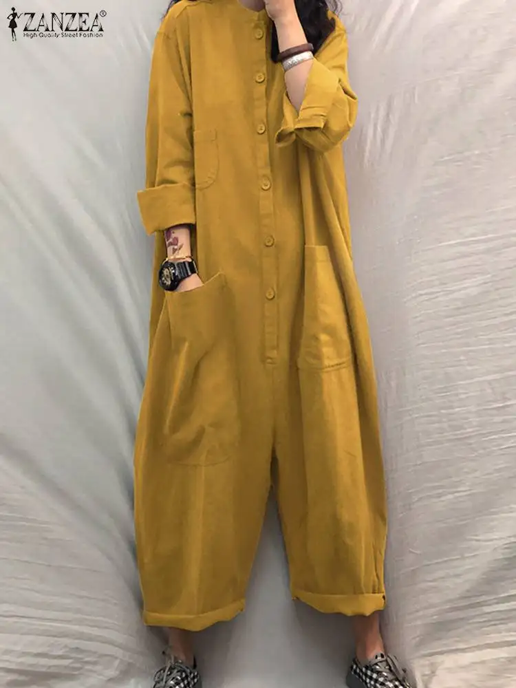 

ZANZEA Women Long Jumpsuits 2023 Fashion Vintage Solid Pockets Button Up Romper Oversized Long Sleeve Casual Loose Playsuits