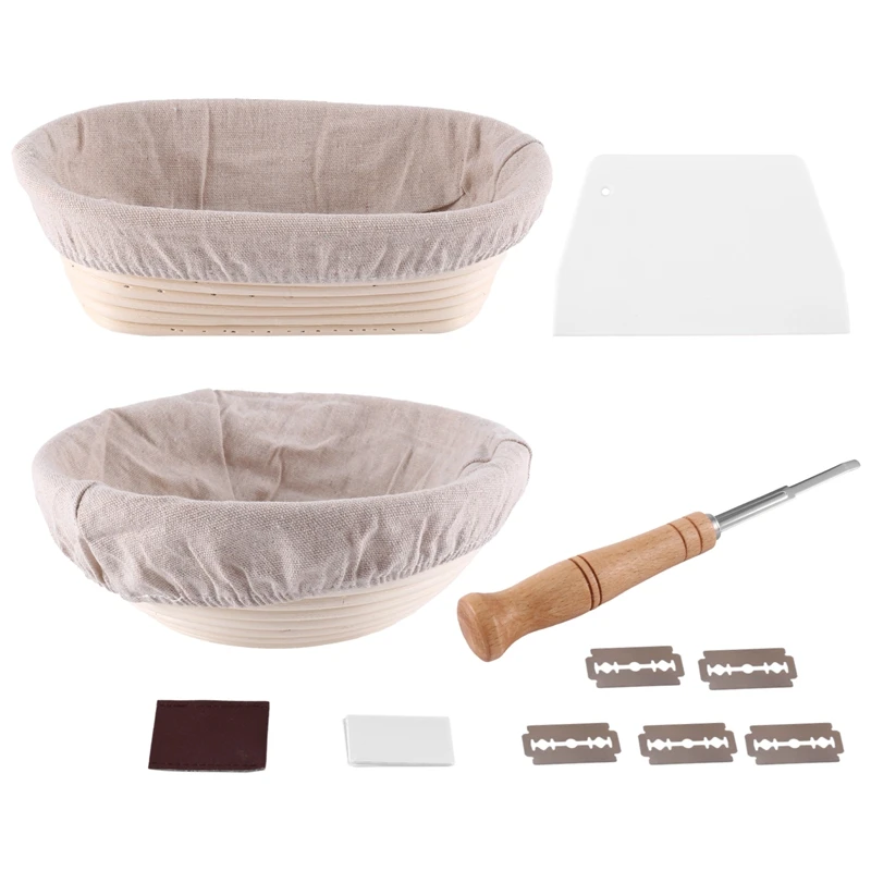 

Proofing Basket Set Of 2-10 Inch Oval, And 9 Inch Round+Premium Bread Lame And Slashing, The Perfect Baking Bowl