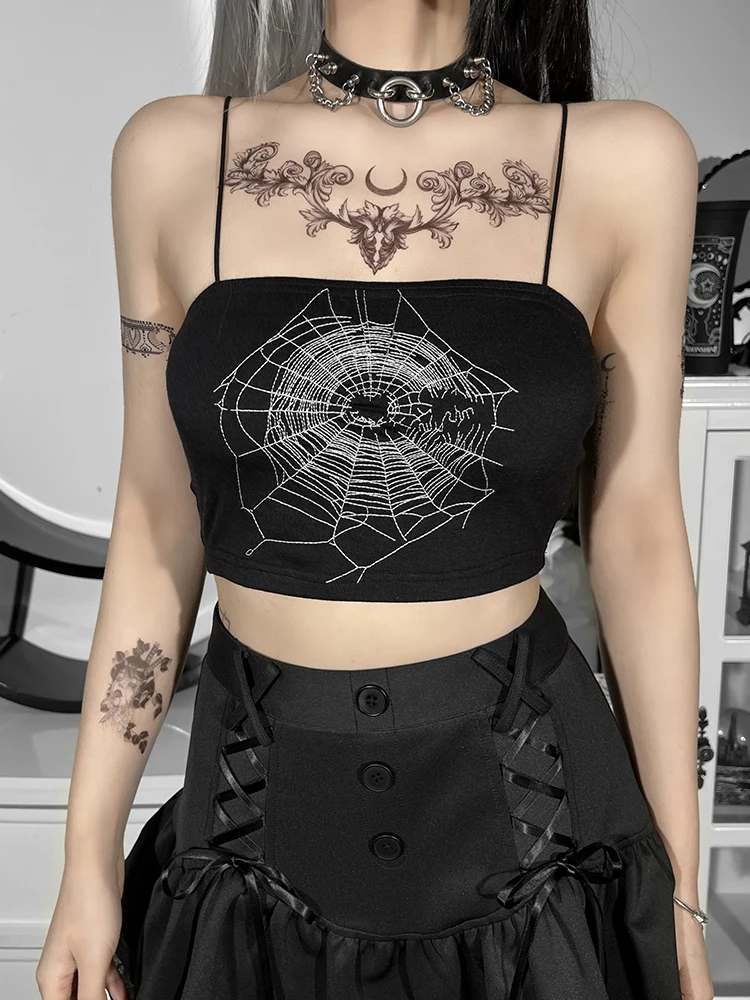 

Goth Black Spiderweb Print Camis Y2K Harajuku Backless Spaghetti Straps Camisoles Streetwear Grunge E Girl Summer Tops