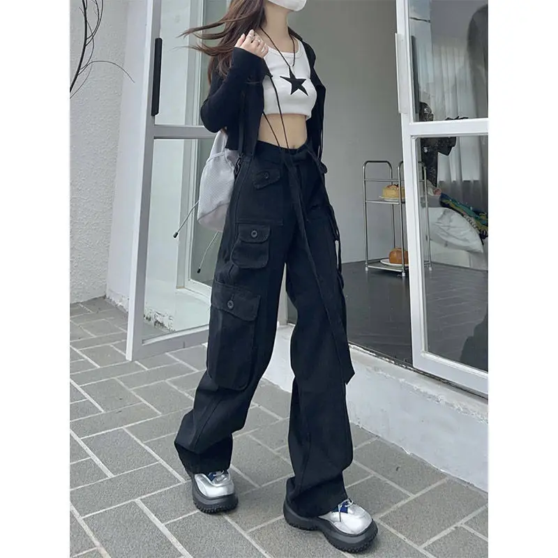 

American Retro Hiphop Spice Mom Jeans New Black Multi Pocket Cargo Pants Women High Waist Design Sense Dragging The Ground Pants