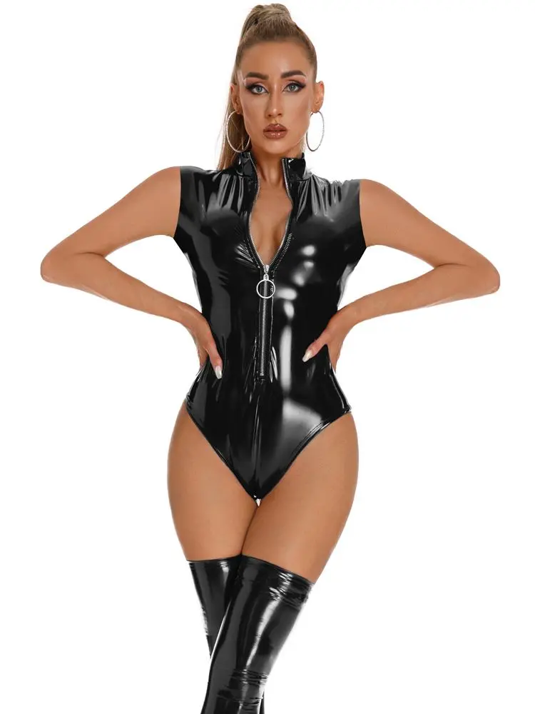 

Костюм Кошки из ПВХ с коротким рукавом и влажного вида, блестящее боди из искусственной кожи с высоким вырезом, колготки, сексуальные топы д...