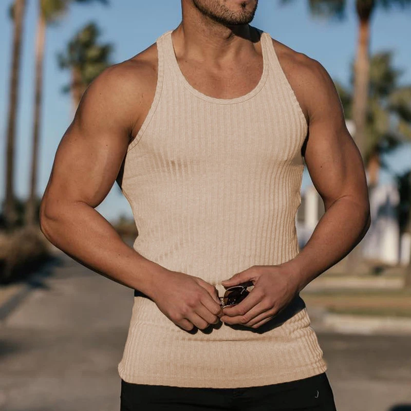 

2023 Fashion Solid Color Pullover t Shirt Men Casual Knitted Vest Top Men Clothing Fashion Slim Sleeveless Gym Shirt For Man