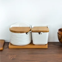 kitchen spoon porcelain box and bamboo covered seasoning pot bowl storage container seasoning pot ceramic seasoning rack
