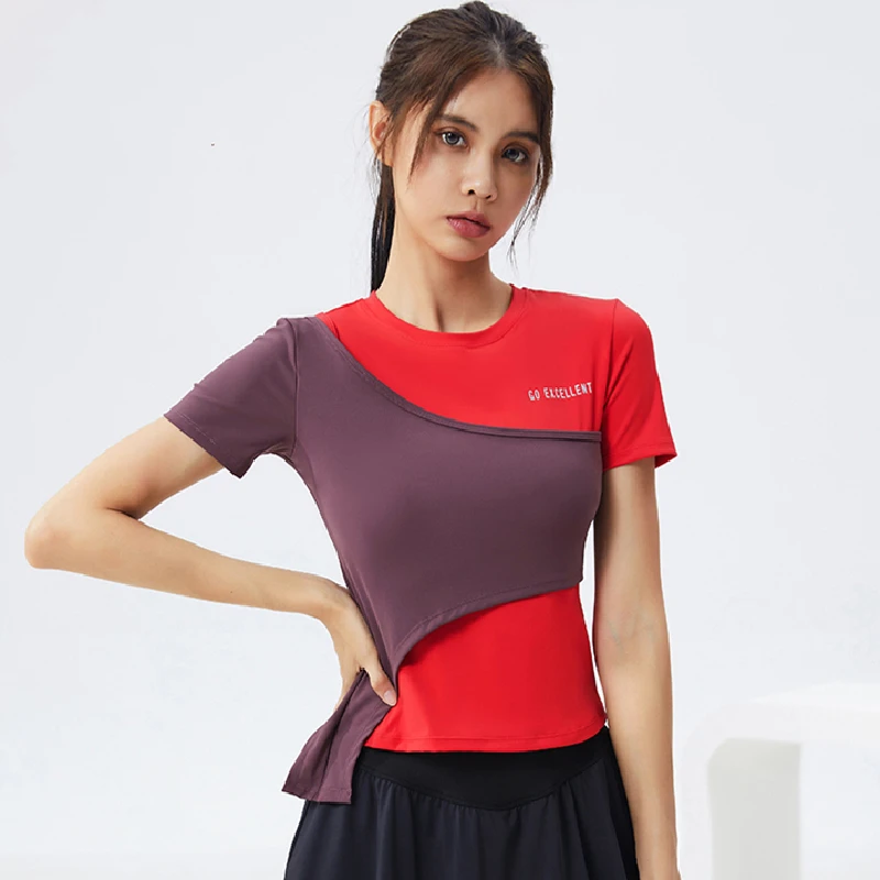 Women Running T Shirts Contrast color 2 in 1 Short Sleeves Quick Dry Sport Shirt Gym Fitness Training Tees Yoga Jogging Tops