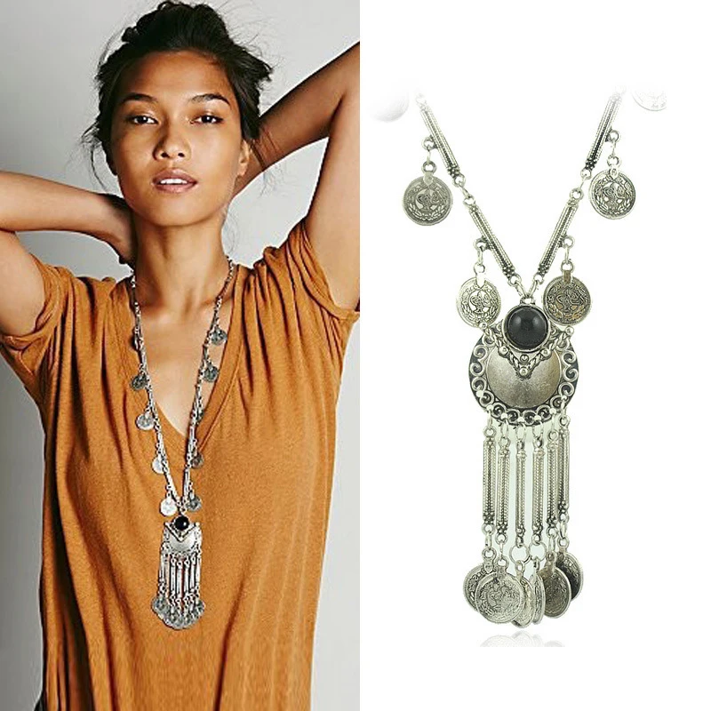 Trendy Bohemian Long Necklace For Women Vintage Ethnic Gypsy Boho Beach Antique Silver Color Necklace Coin Tassel Turkey Jewelry