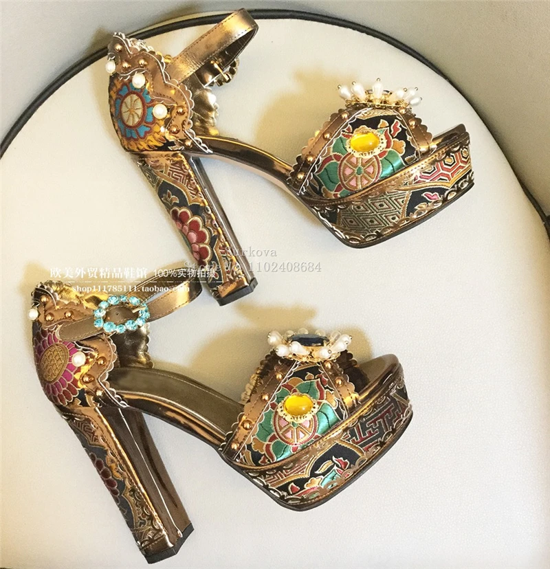 Vintage Platform Pearl Rhinestone Sandals 2023 New 14CM Super High Chunky Heel Baroque Shoes Elegant Ladies Party Wedding Pumps