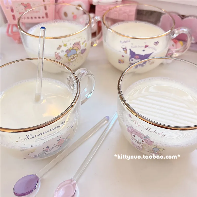 

My Melody PINK Kawaii Anime Print Glass Breakfast Mug Cinnamoroll Kuromi Anime Figure Toy Cartoon Cereal Cup Breakfast Cup Gift