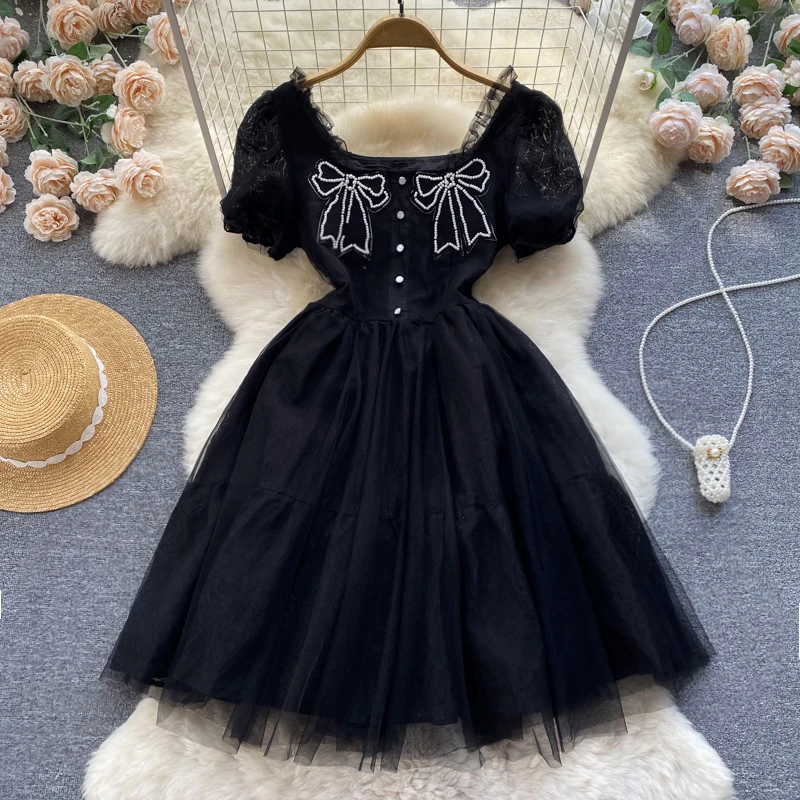 

Платье принцессы женское ТРАПЕЦИЕВИДНОЕ, Сетчатое кружевное мини-платье в стиле пэчворк, с зауженной талией, с бусинами и бантом, черное, лето 2022