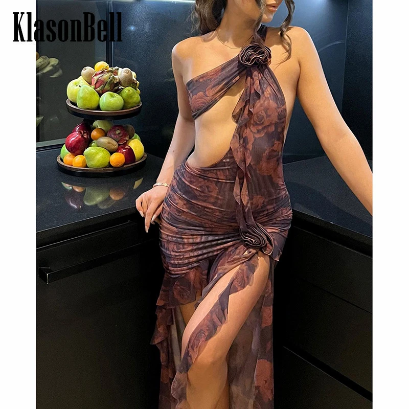 

6.22 KlasonBell Beautiful Sexy Ruffle Rose Flower Print Hollow Out One Shoulder Backless Slim Holiday Dress Women