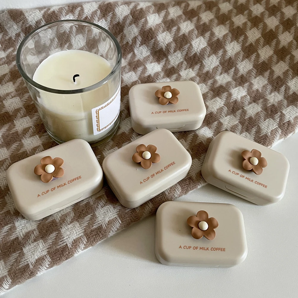 

Milk Tea Color Women Portable Cute Flower Contact Lenses Box Lens Case For Eyes Care Kit Glasses Case Holder Container Gift
