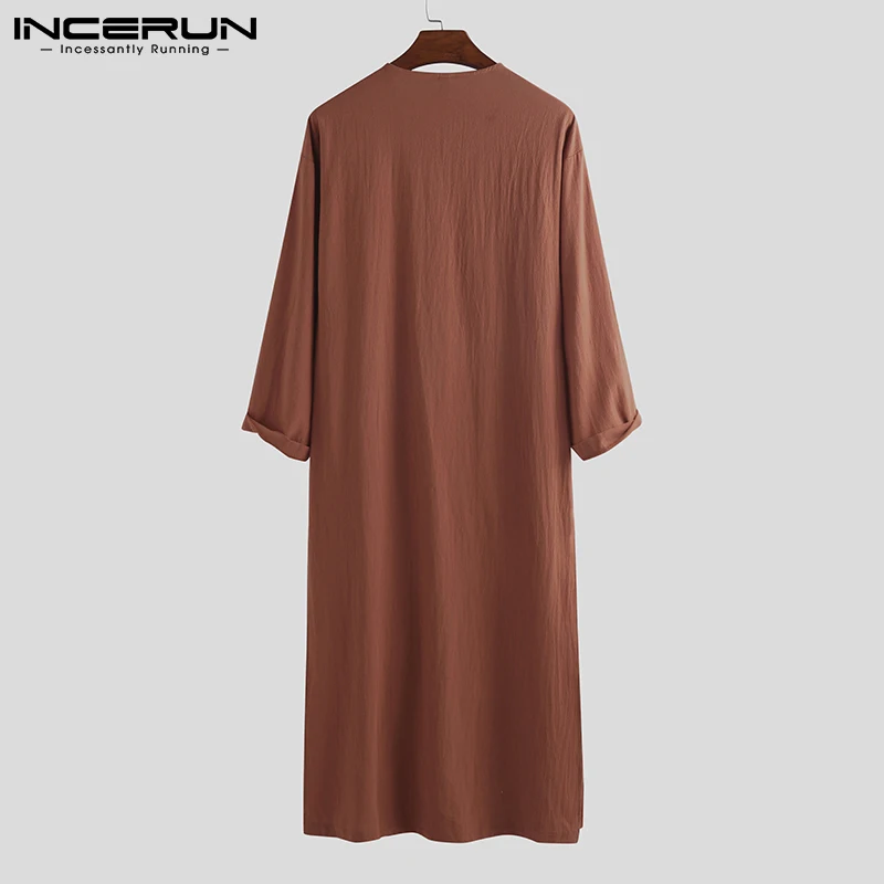 INCERUN Men's Jubba Thobe Islamic Arabic Muslim Kaftan Long Sleeve Solid Comfortable Pockets Saudi Arabia Mens Abaya Robes S-5XL