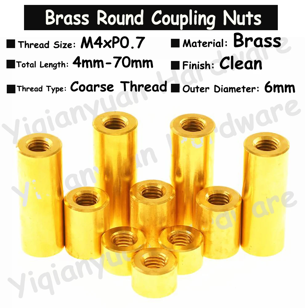 

2Pcs-20Pcs M4xP0.7 Coarse Thread Brass Extend Long Lengthen Round Coupling Nut Connector Joint Sleeve Nuts Copper Round Nut