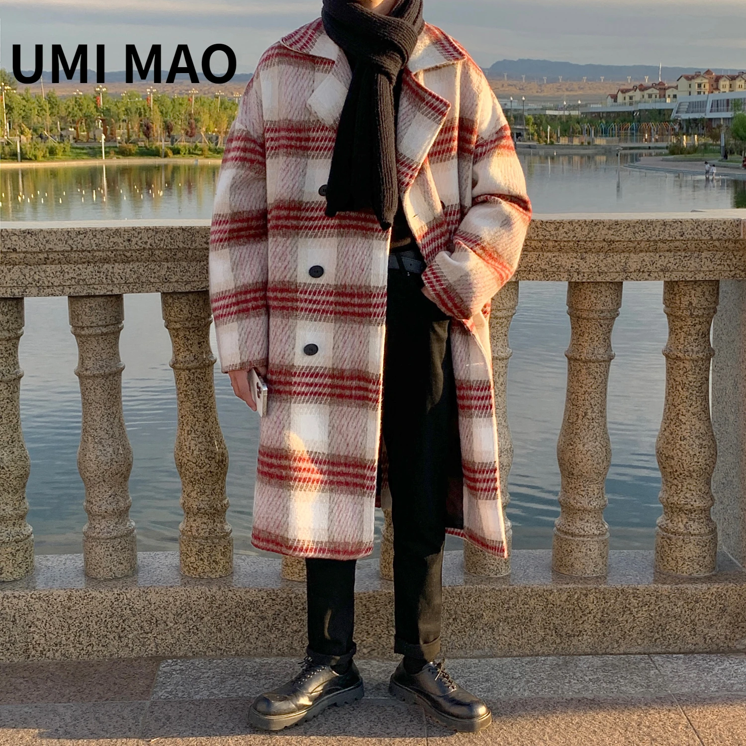 

UMI MAO Yamamoto Dark Double Breasted Woolen Overcoat Jacket Men Women Winter Loose Medium Long Plaid Trench Coat Y2K