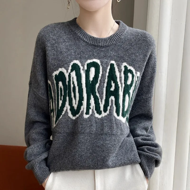 Letter Embroidery Jacquard Double-Strand Thickened Wool Inner Wear Autumn and Winter New round Neck Women's Pullover Ti