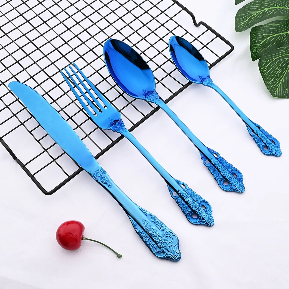 

Mirror Cutlery Set Blue Dinnerware Set 18/10 Stainless Steel Dinner Fork Knife Tea Spoon Luxury Tableware Set Kitchen Silverware