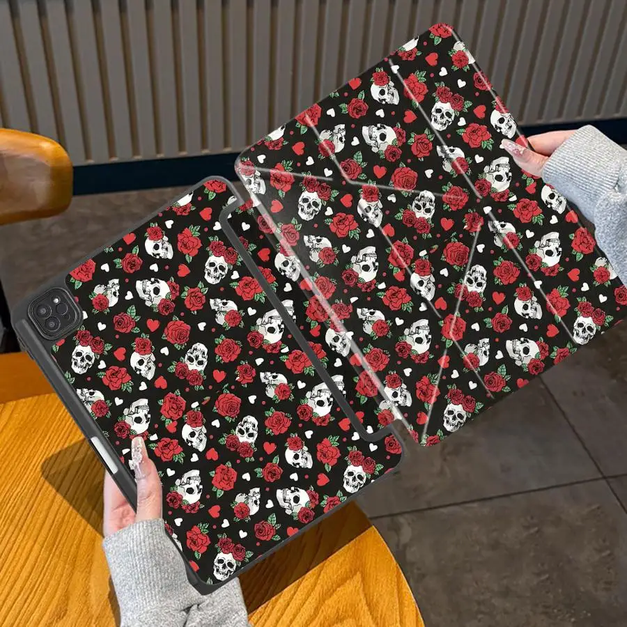 Фото Чехол для планшета iPad Pro 11-го, 10-го, 9-го, 8-го, 7-го поколений, 12.9 дюймов Pro 2025, Air 4, 5, M3, M2, M4, 11 дюймов, Mini 6, 7, с держателем, дизайн «Череп и роза» №1