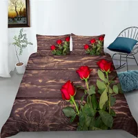 Flowers Planks Duvet Cover King/Queen Size Red Rose Green Leaves on A Brown Wooden Board Bedding Set Floral PolyesterQuilt Cover