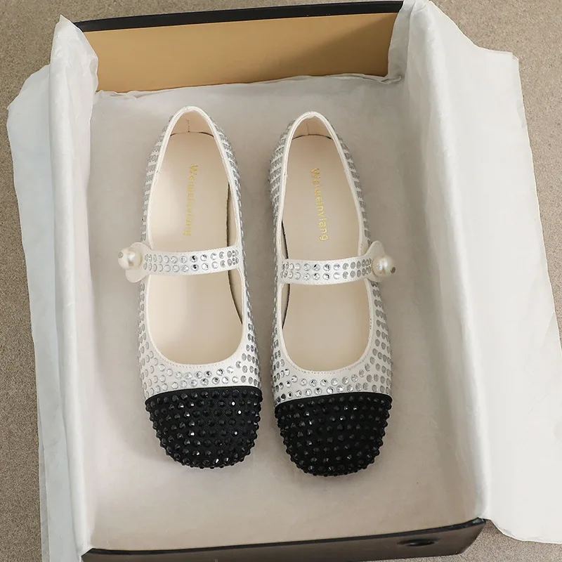 

Vintage Mary Jane Shoes Women's Summer Rhinestone Pearl Shallow Mouth Color Block Flat Shoes