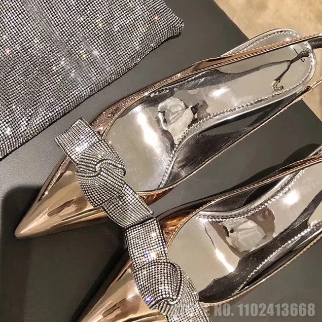 High-Heeled Pointy Toe Fashion Women's Sandals Metal Pu Rhinestone Butterfly-Knot Back Empty Pumps Women's Thin Heel Shoes