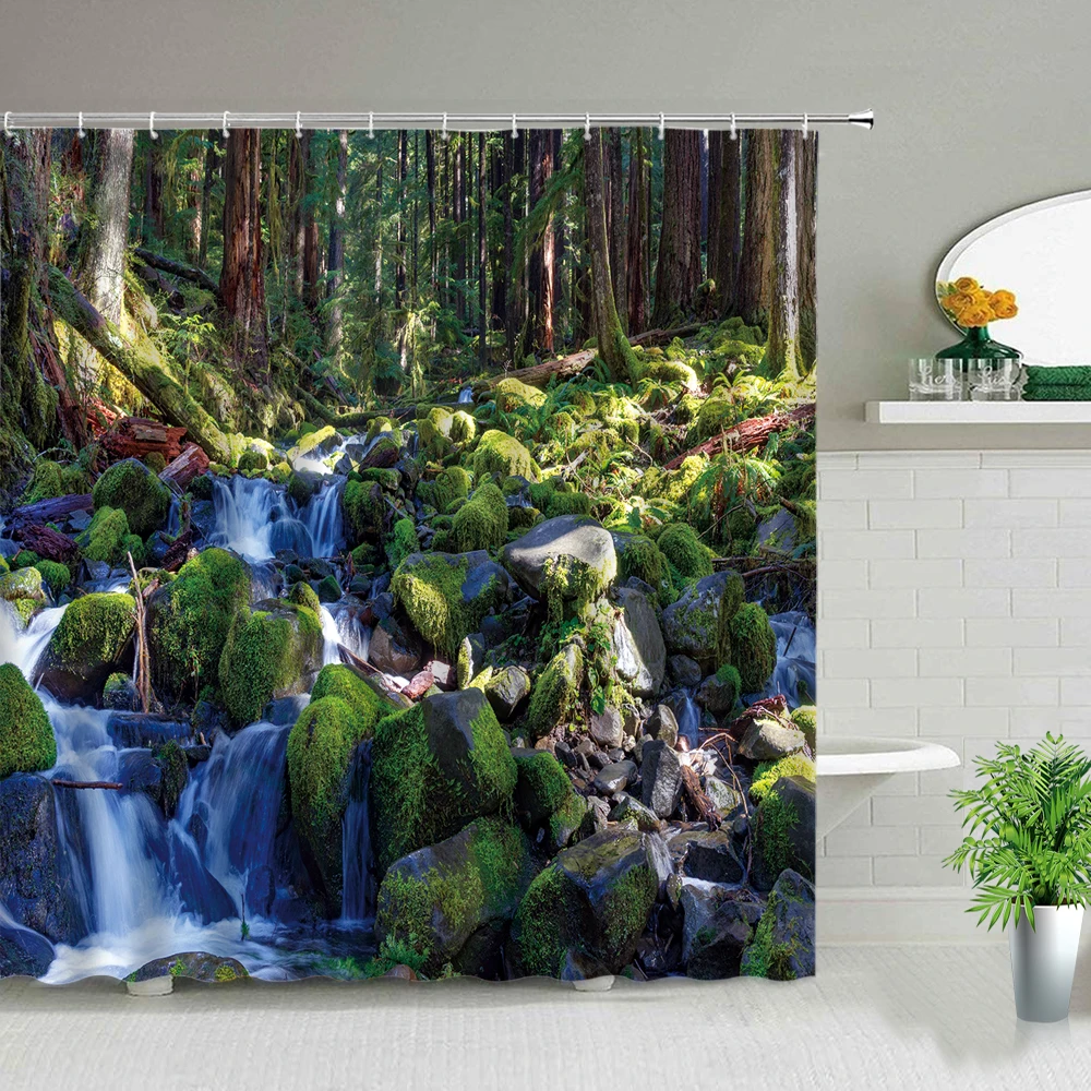 

Mountain Water Waterfall Shower Curtain Forest Pool Sunshine Green Tree Nature Scape Bathroom Waterproof with Hook Bath Curtains