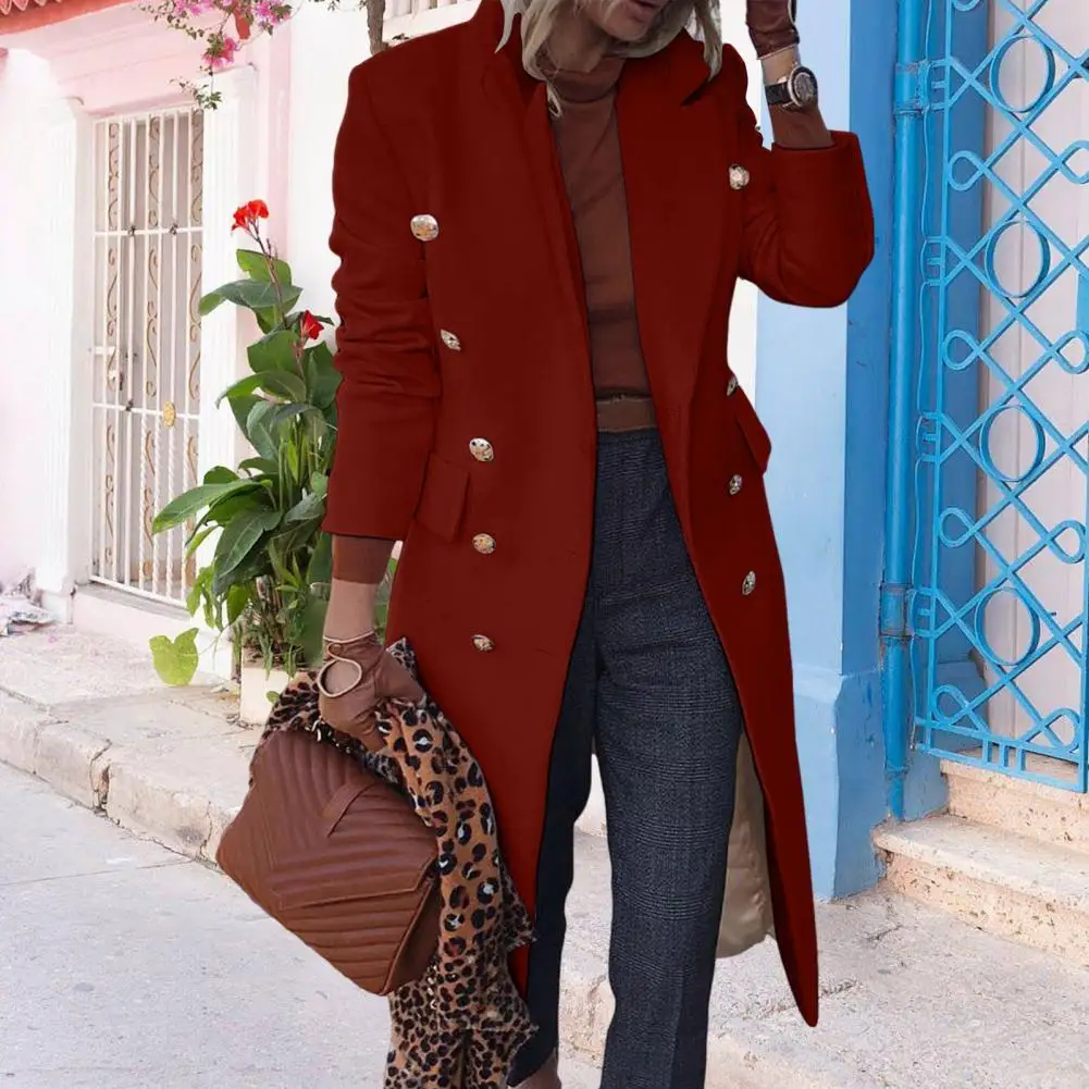 

Popular Lady Solid Color Mid-Length Buttons Woolen Jacket Coat Women Overcoat Versatile Coldproof