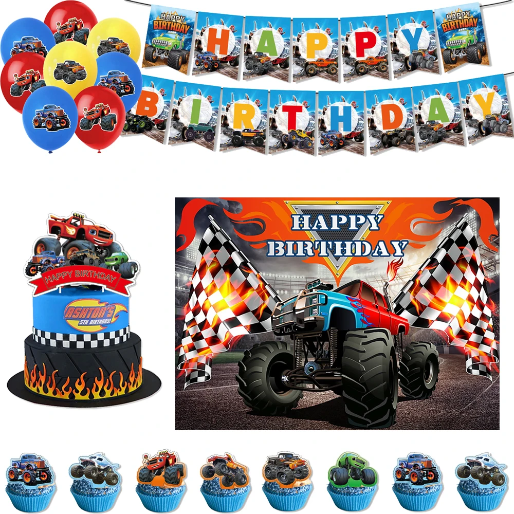 

New Cartoon Monster Big Wheel Truck Theme Birthday Party Articles Latex Balloon Cake Decoration Banner Baby Shower Boy Kid Gift