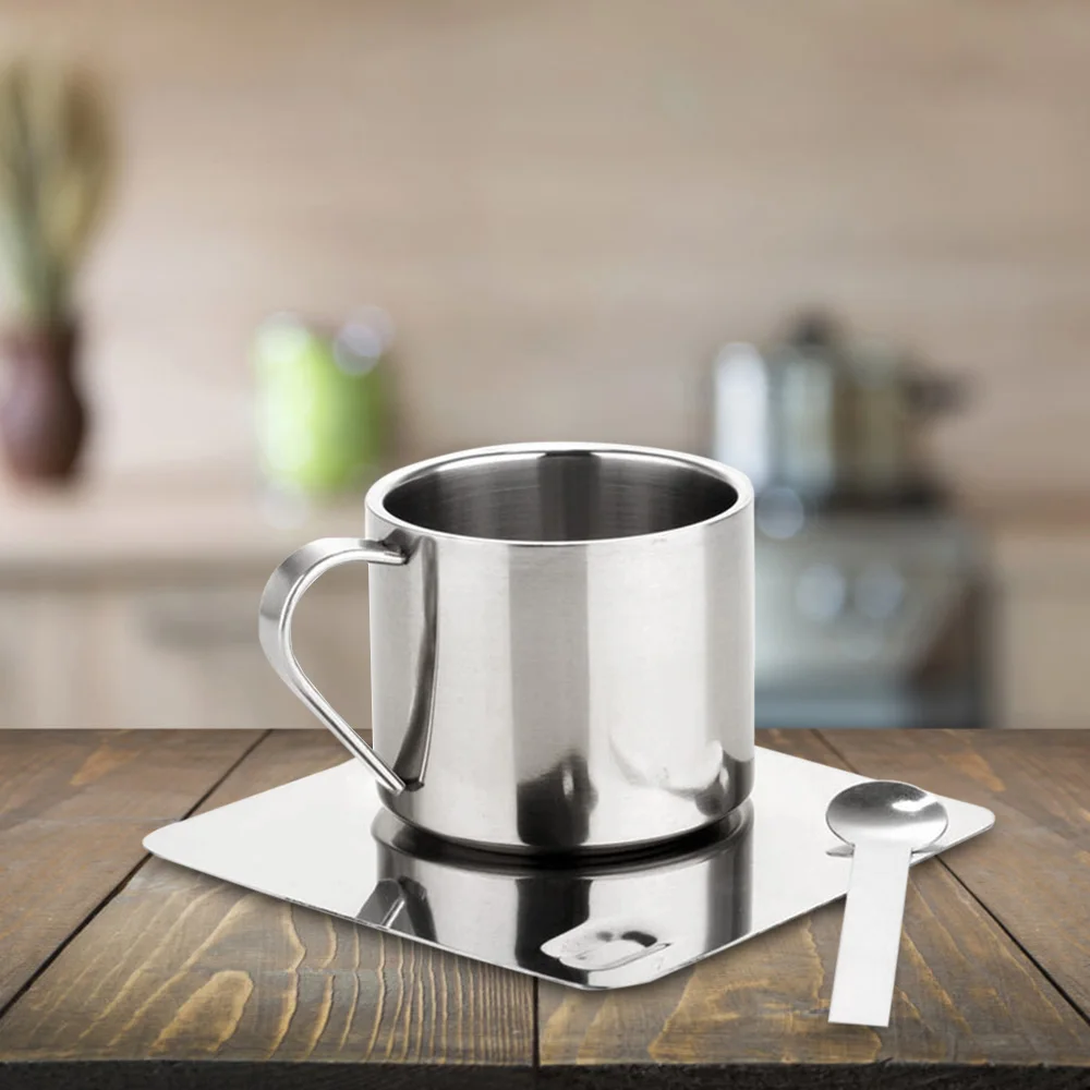 

Household Stainless Steel Coffee Tea Cup With Saucer Spoon Double Wall Hot Cold Drinks Thermal Mugs Latte Cappuccino Milk Cup