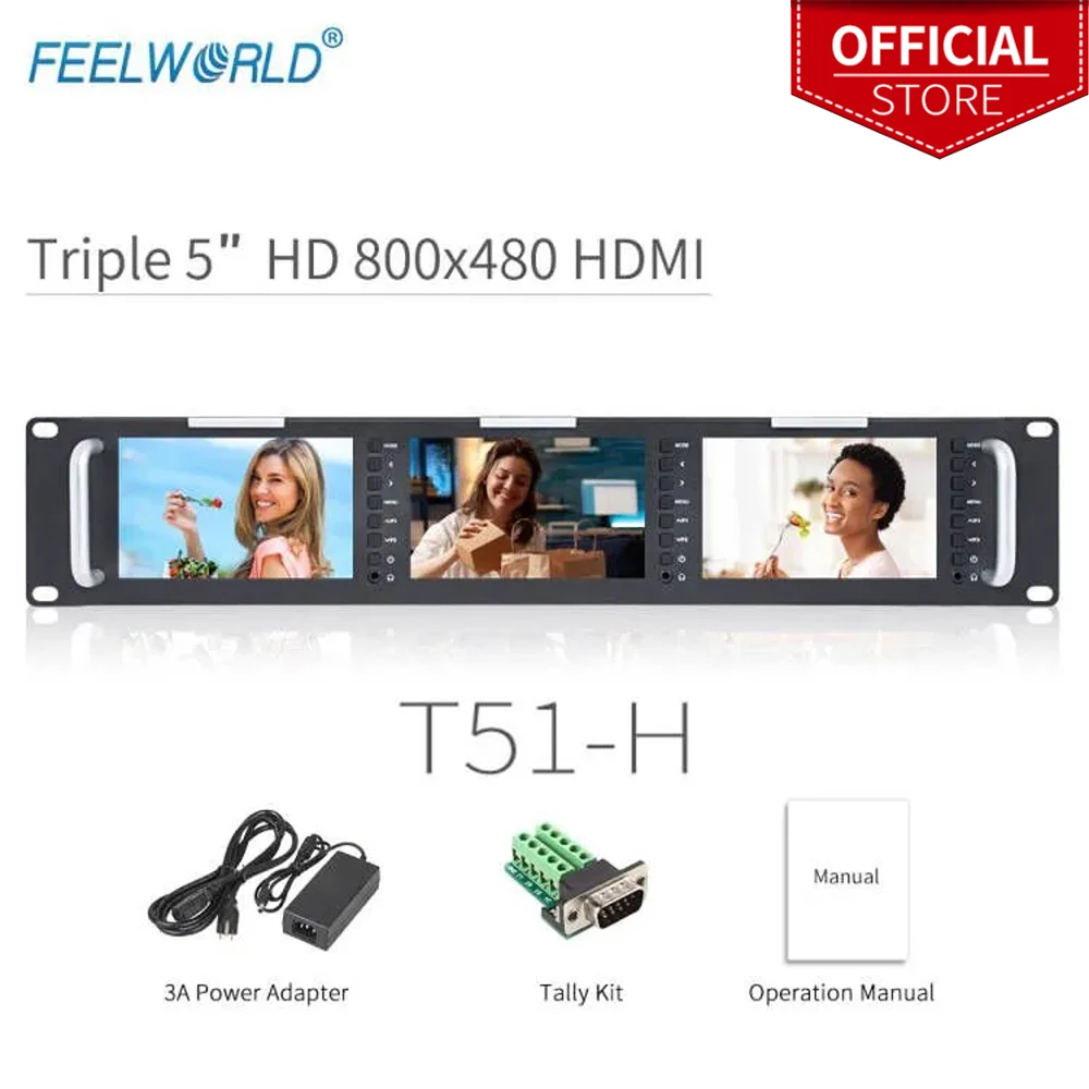 Feelworld T51-H тройной 5-дюймовый 2RU Leightweight HDMI вещательный монитор LCD TFT 800x400 HDMI AV стойка монитор для вещания