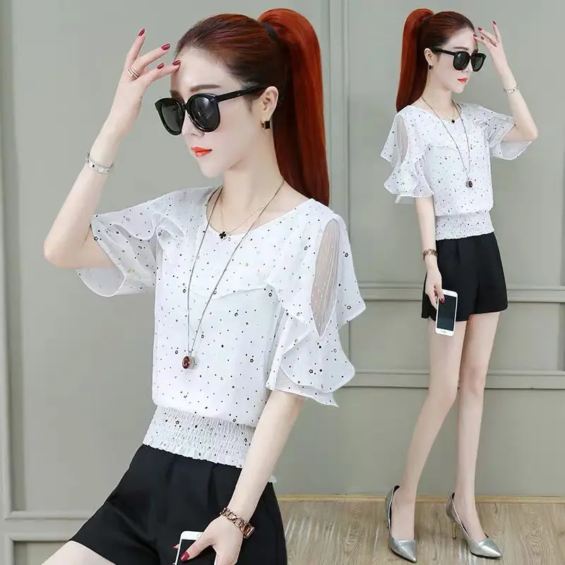 

Женские летние модные шифоновые блузки с коротким рукавом 2022, женские свободные рубашки с оборками, топы, женские рубашки в горошек с круглым вырезом D104