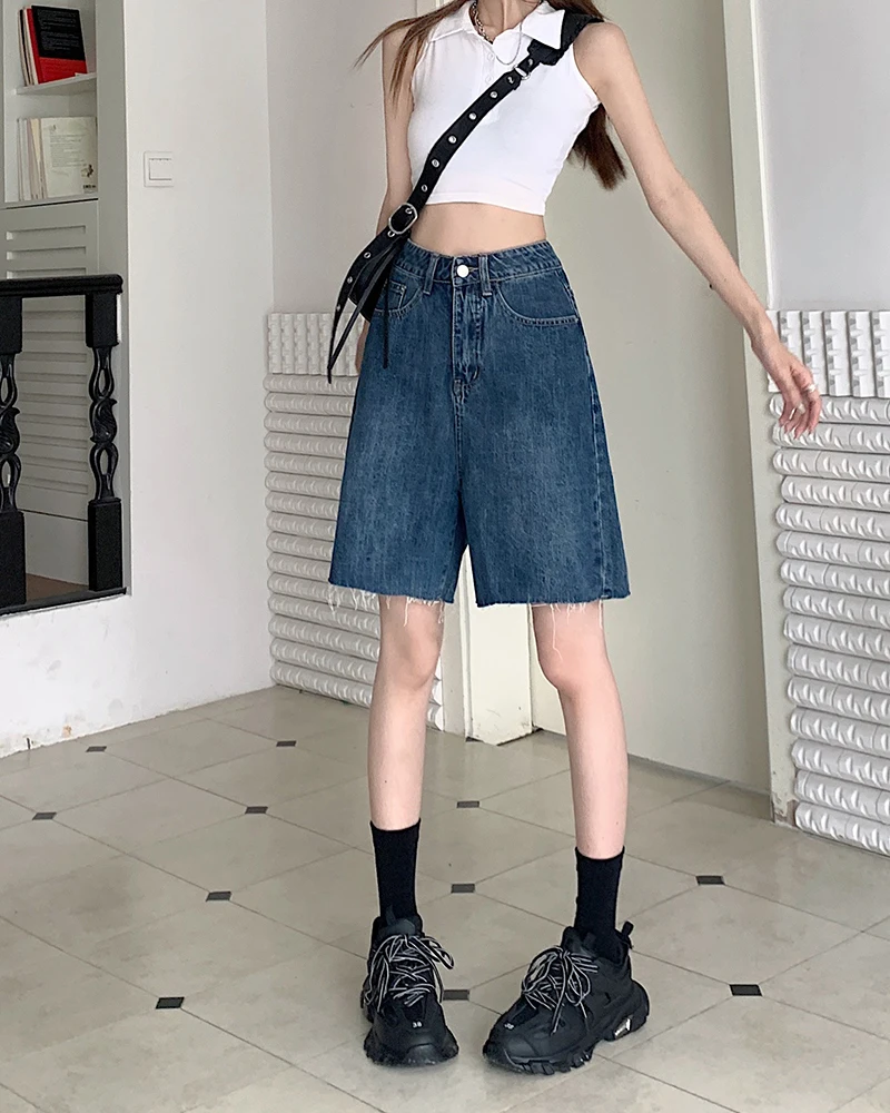 2023 Denim Shorts Women's Blue Commuter Summer New High Waist Straight Tube Loose Wide Leg Slim Capris