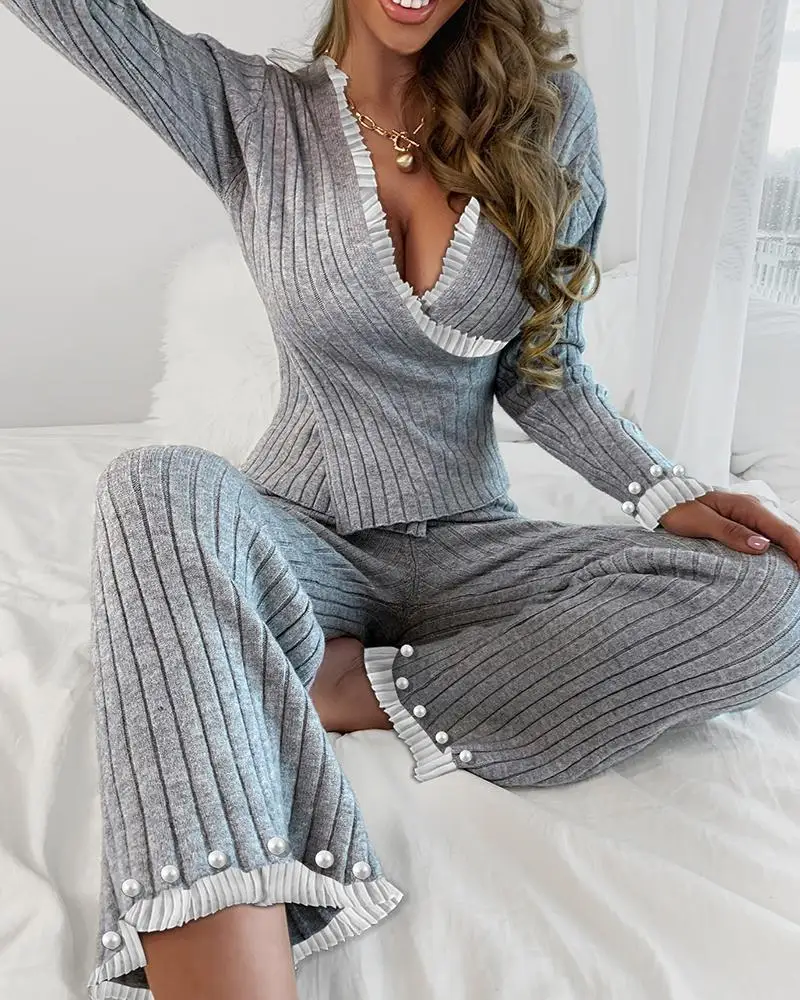 

Женский топ из двух частей, прямой серый пикантный топ с V-образным вырезом и длинными рукавами, украшенный бусинами, штаны с завышенной талией, однотонные домашние