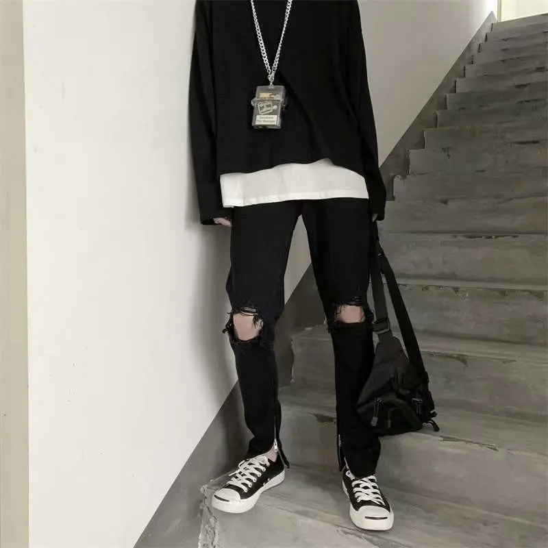 2022 New Fashion Hole Ripped Garbage Men Slim Jeans Trousers Ankle Zipper Hip Hop Black Denim Pants Punk Goth Pantalon Homme