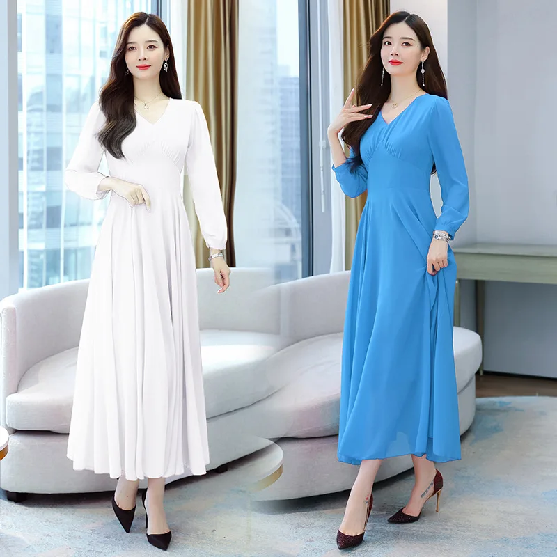 

Women's dress new autumn solid color long-sleeved chiffon elegant temperament waist large swing v-neck French slim long skirt wo