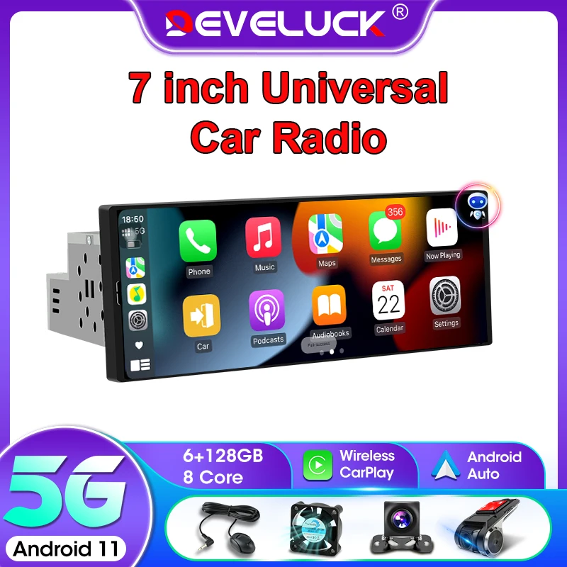 Develuck 1 Din Android 11.0 Universal Auto Radio 7.0 Inch Touch Multimedia Player Car Stereo Video GPS Navigation IPS Screen DVD